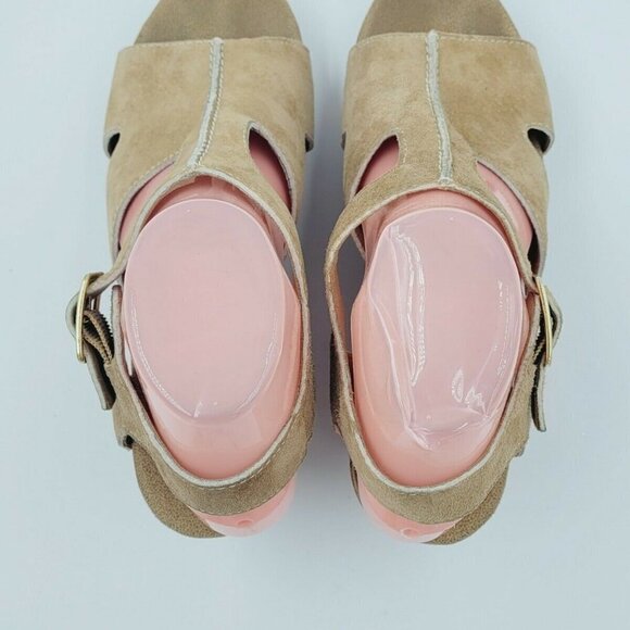 Clarks Tan Suede Open Toe Slingback Cork Wedge Sandal Size 9M - Picture 5 of 9